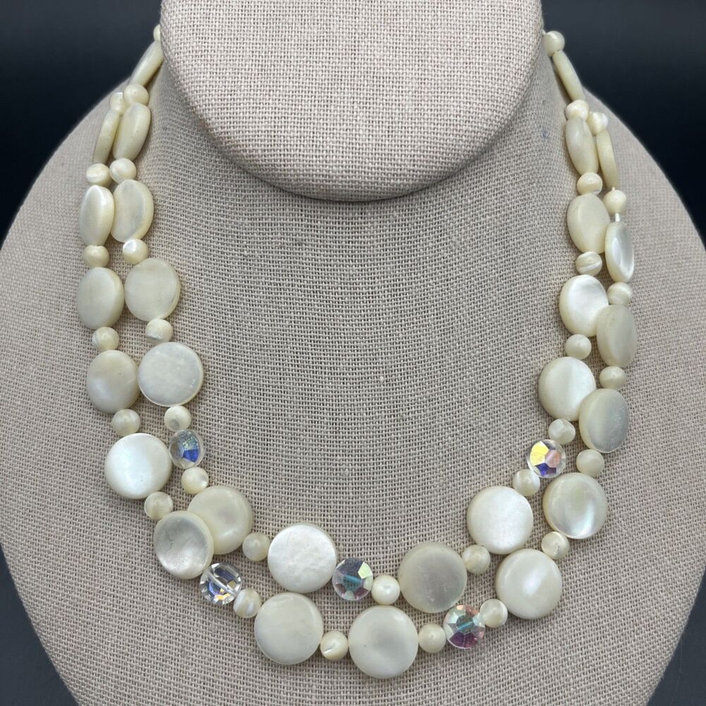 Vintage Mother of Pearl Collar Necklace Japan Aurora Borealis Round Glass Beaded